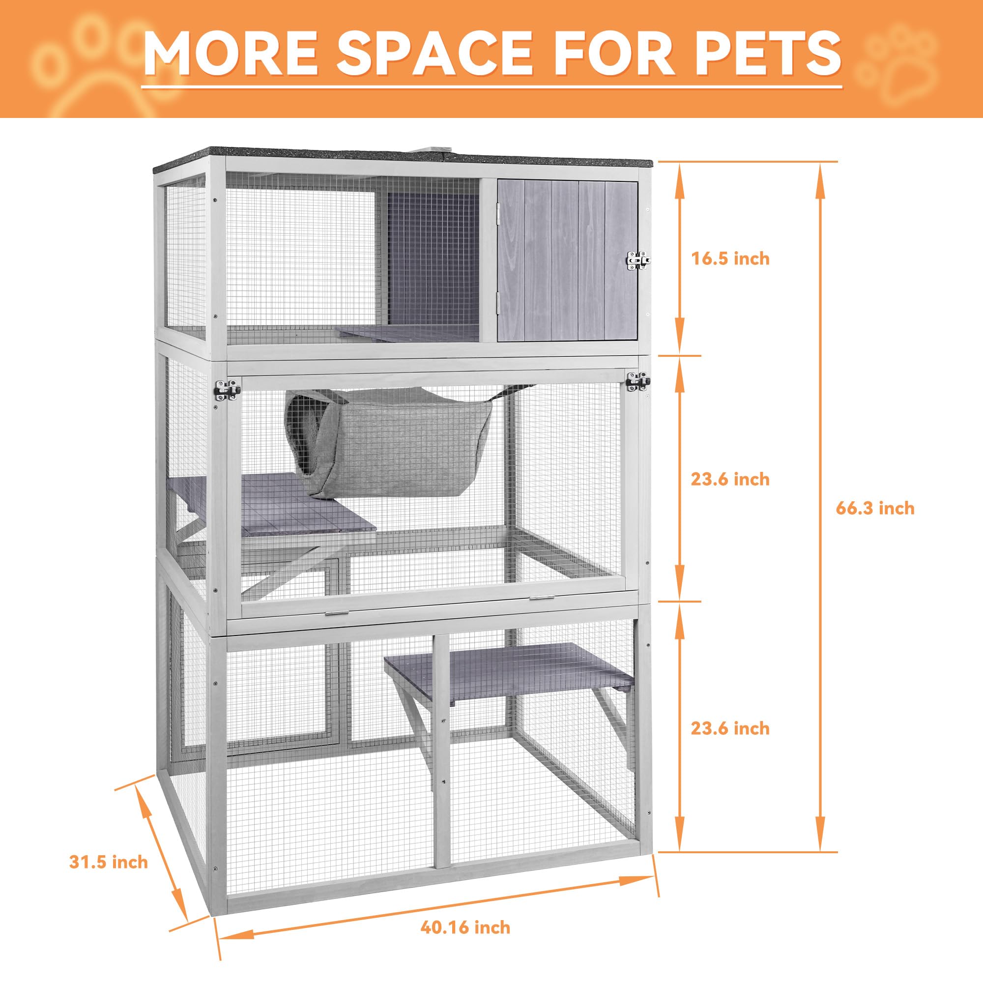 X-Zone Catio Wooden Outdoor Cat Enclosure with Asphalt Roof, 3 Floors Cat House, Indoor Large Kitten playpen with Hammock & Resting Box, Cat Cage with 3 Doors