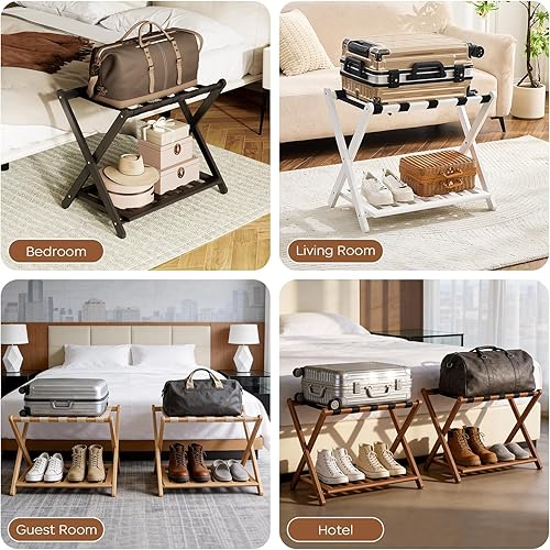 Miniatura 7 de Juego de 2 portaequipajes de nogal totalmente ensamblados, soporte para equipaje de bambú para habitación de huéspedes, 5 correas de nylon, soporte