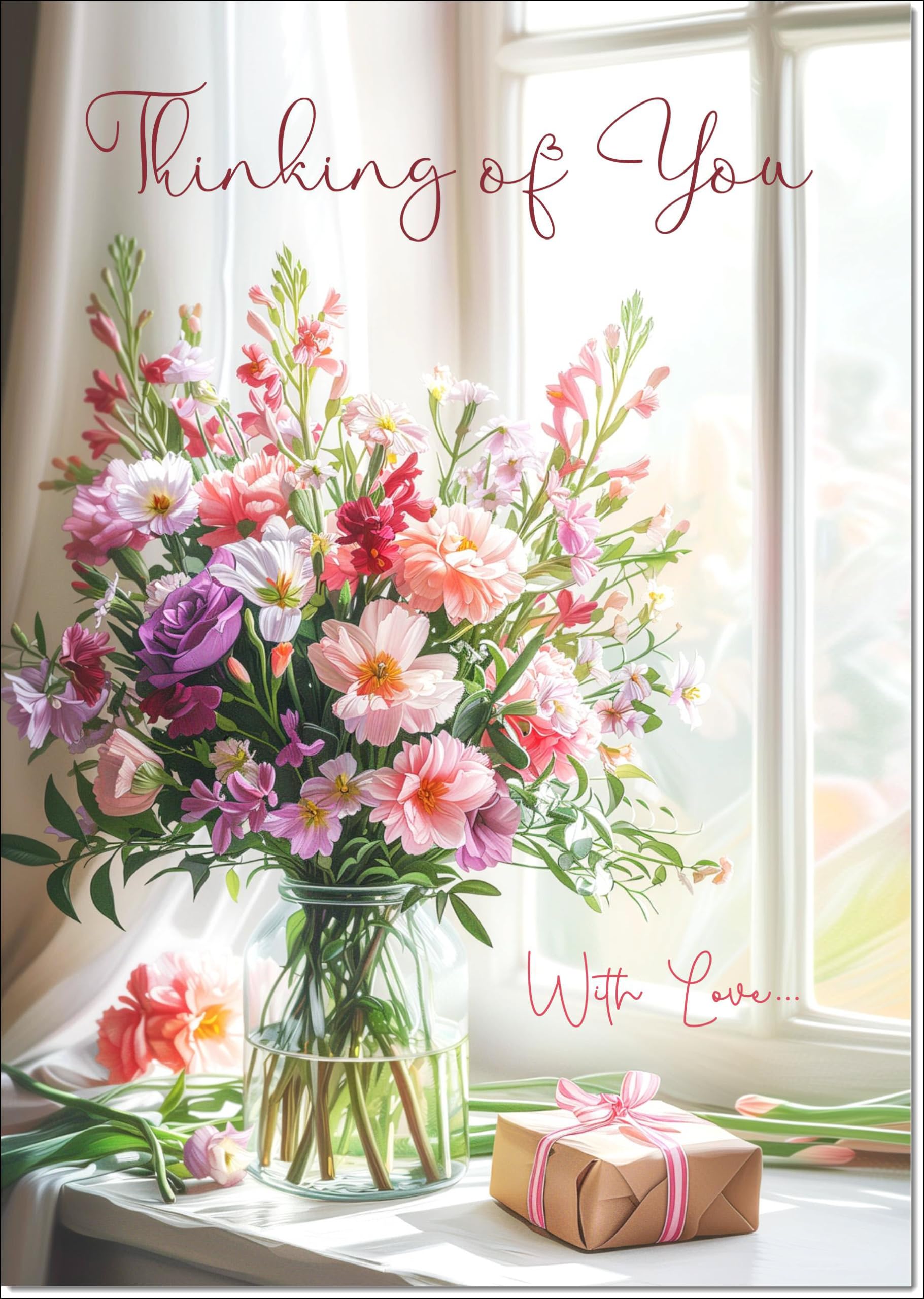 doodlecards Thinking Of You Card Flower Bouquet and present Large A4 Size with Plain Envelope