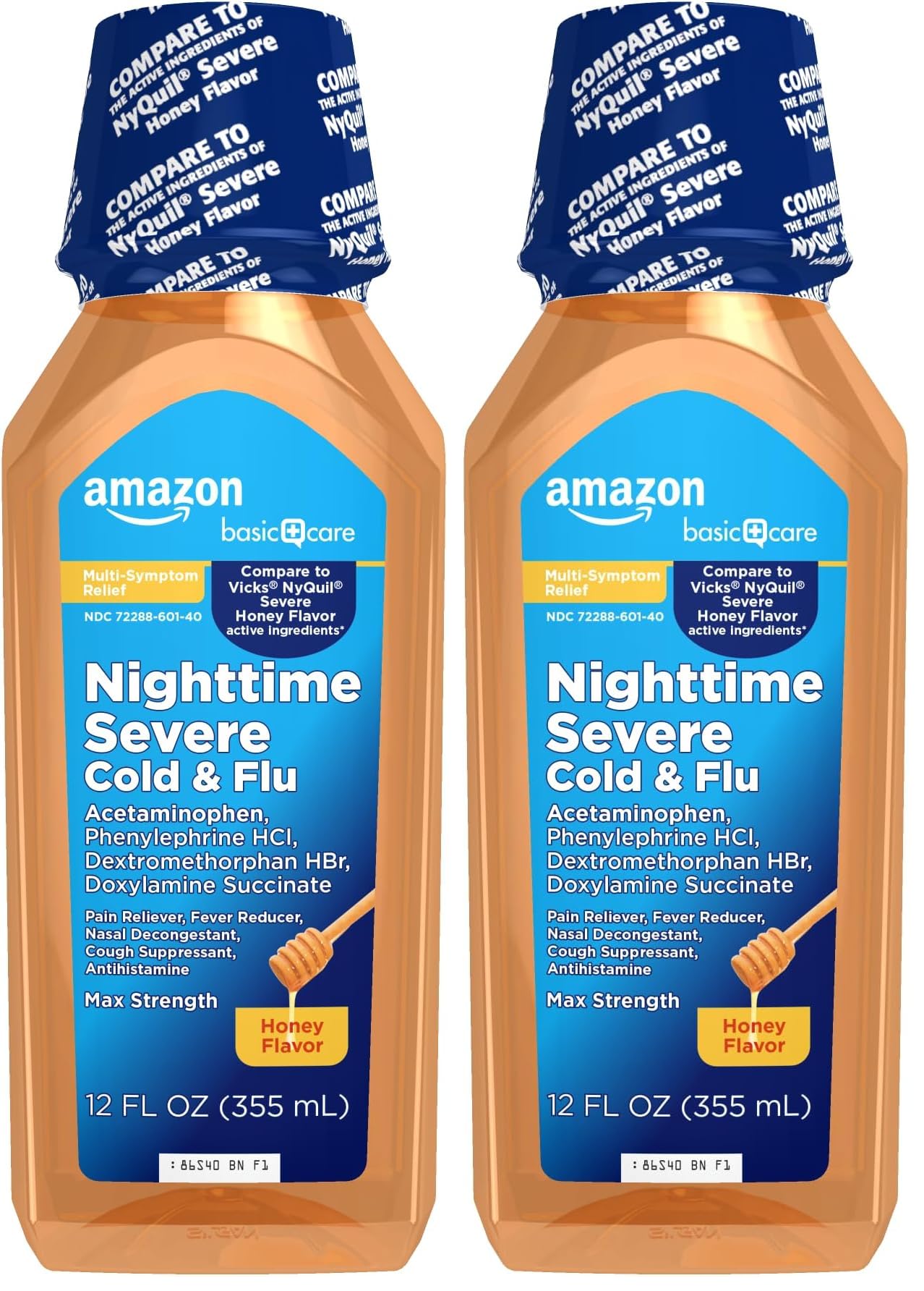 Amazon Basic Care Maximum Strength Nighttime Severe Cold and Flu Relief, Honey Flavor, 12 fl oz, Pack of 2