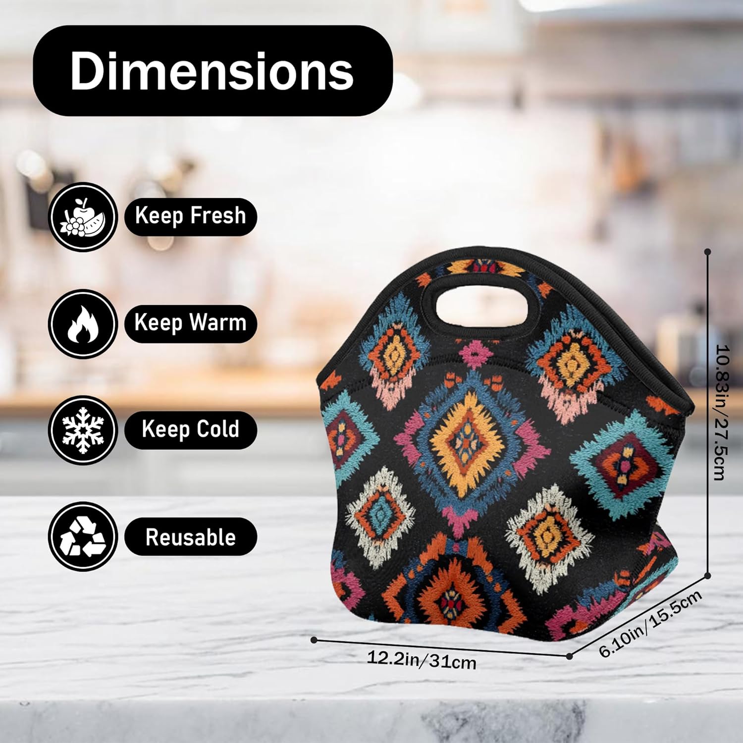 Soft Neoprene Lunch Tote Bag Lightweight,Thermal Insulated,Leak Resistant and Reusable, Bento boxes, Black