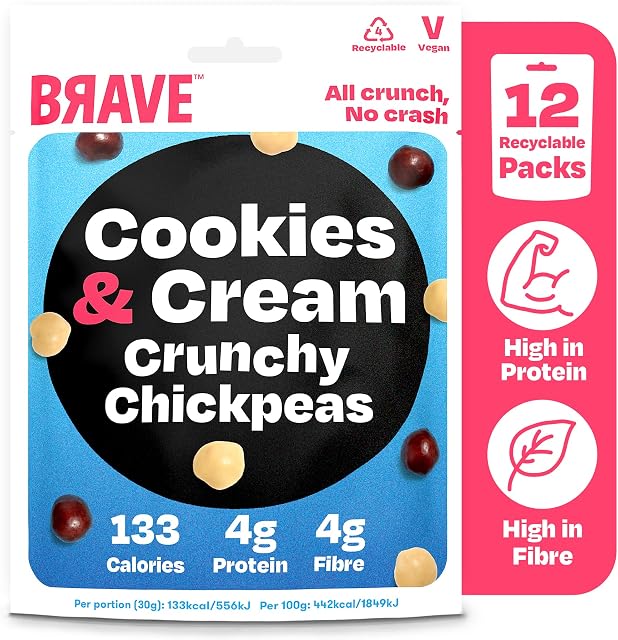 BRAVE Crunchy Chickpeas: Cookies & Cream - Delicious Healthy Snacks - Vegan, Dairy-Free - Source of Protein & Fibre - Lower Sugar - Plant-Based - Box of 12 Packs (30g Each)