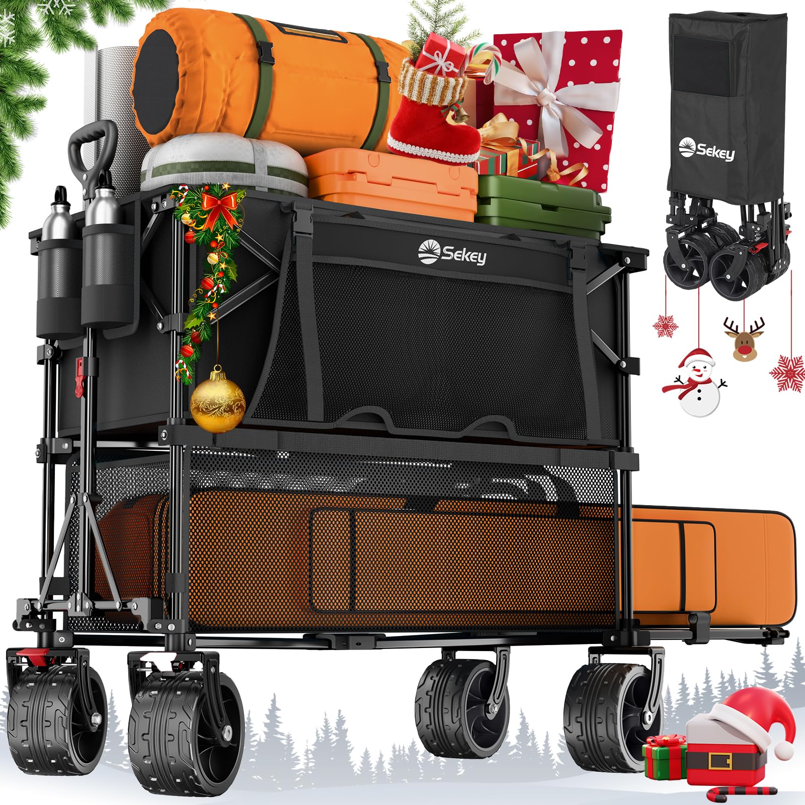 Sekey 400L Double Decker Beach Wagon 50''L Extra-Long Extended Shelf, Collapsible Wagon Cart with 500lbs Capacity, Heavy Duty Folding Wagon All-Terrain Wheels for Camping, Sports, Garden.Black