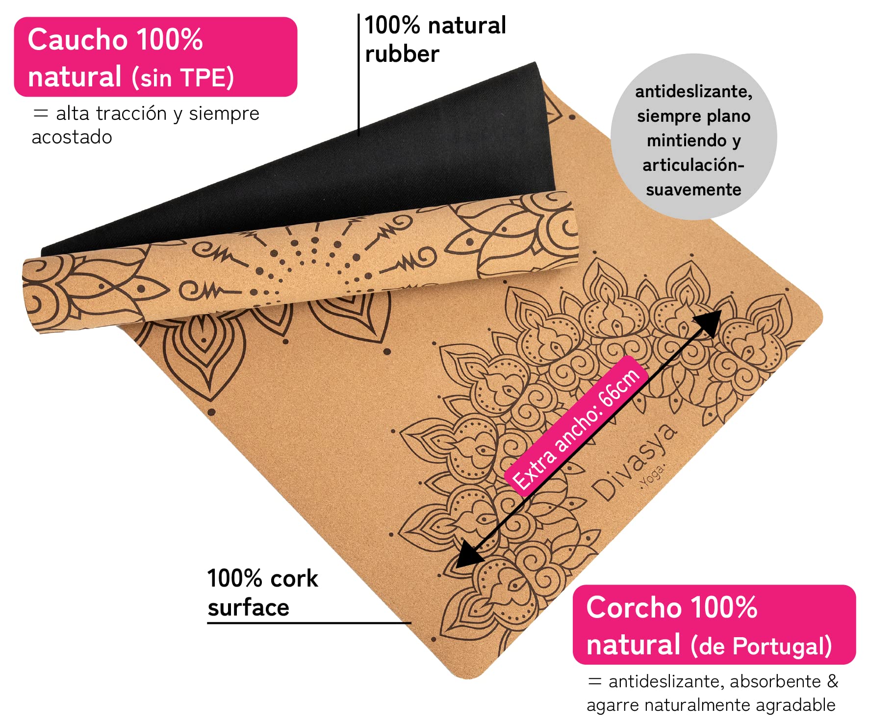 Esterilla de yoga premium de corcho antideslizante: de caucho natural antideslizante y corcho, natural y sostenible, extra ancha y extra gruesa (183 x 66 x 0,4 cm), correa de transporte
