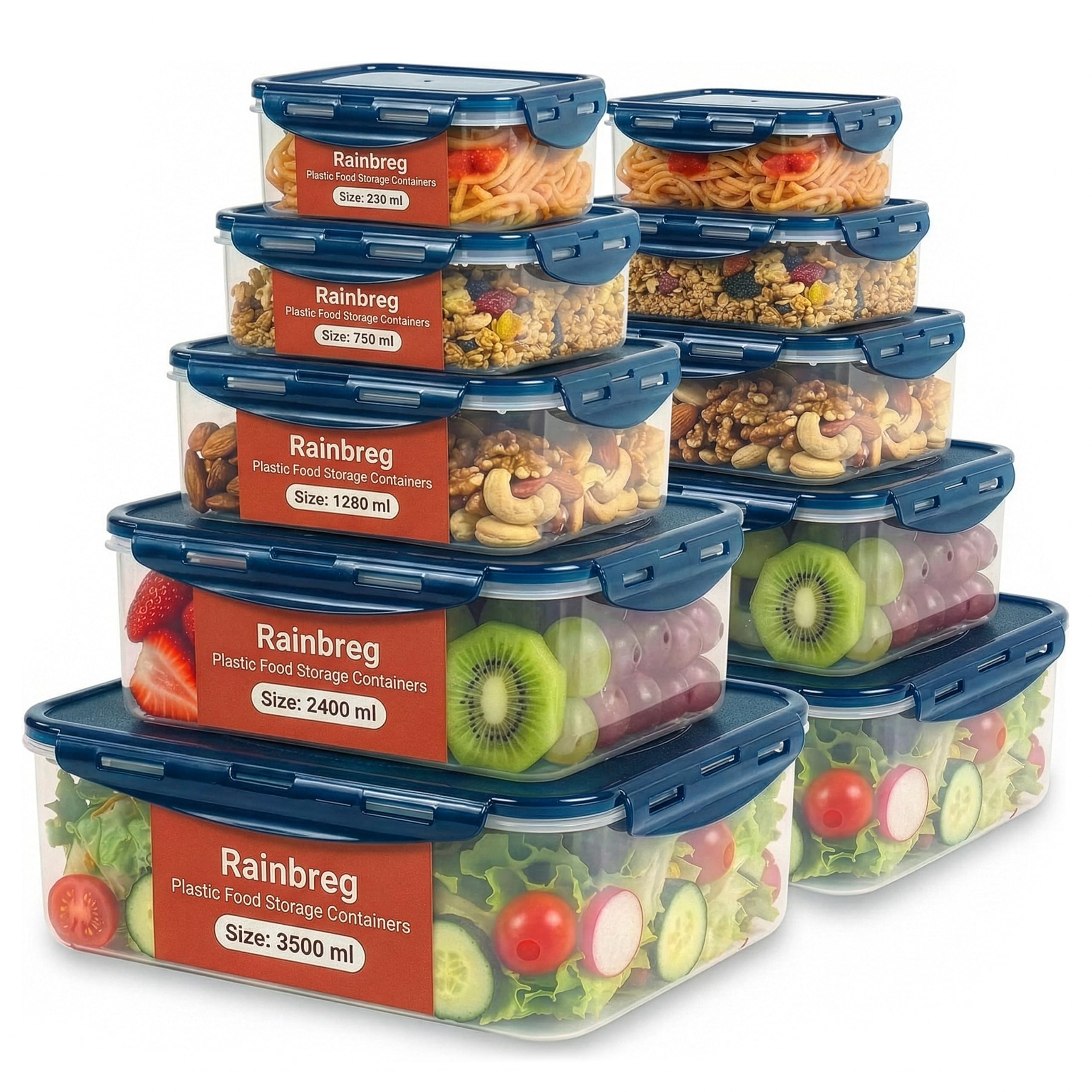 Rainberg Blue Food Storage Containers - 20 Pieces (10 Containers & 10 Lids) Leak Proof, Airtight Food Containers With Lids, Stackable, Freezer, Microwave & Dishwasher Safe (Blue)