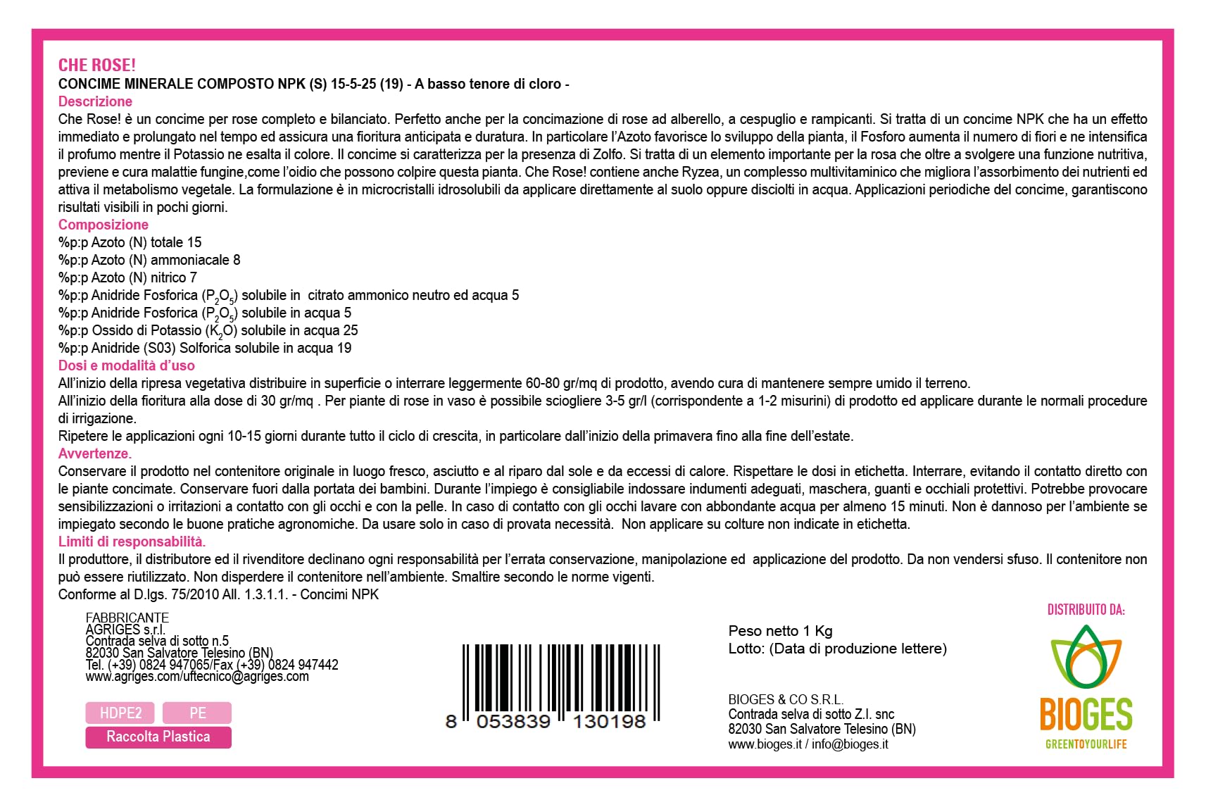 Che Rose! 1 kg Concime idrosolubile per Rose ad alberello, a cespuglio e rampicanti