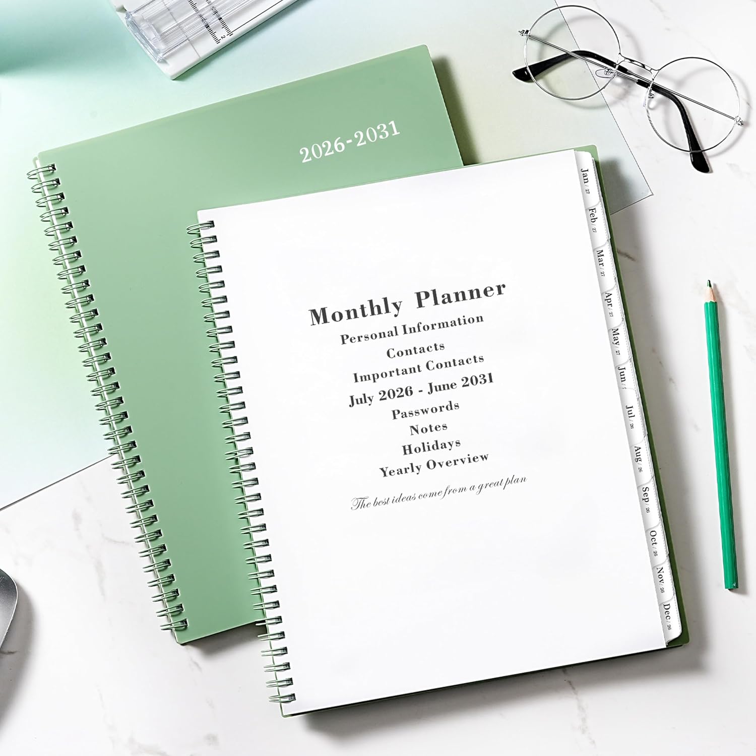 2026-2031 Monthly Planner/Monthly Calendar - 5 Year monthly Planner, Jul. 2026 - Jun. 2031, 9" x 11", Double-Side Pocket + Durable Polypropylene Cover - Sage Green