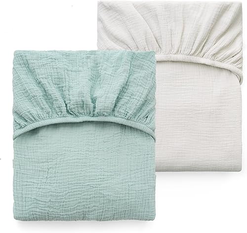Momcozy Sábanas ajustables estándar de muselina para cuna, 52 x 28 pulgadas, paquete de 2 sábanas de algodón natural suave y transpirable, envoltura