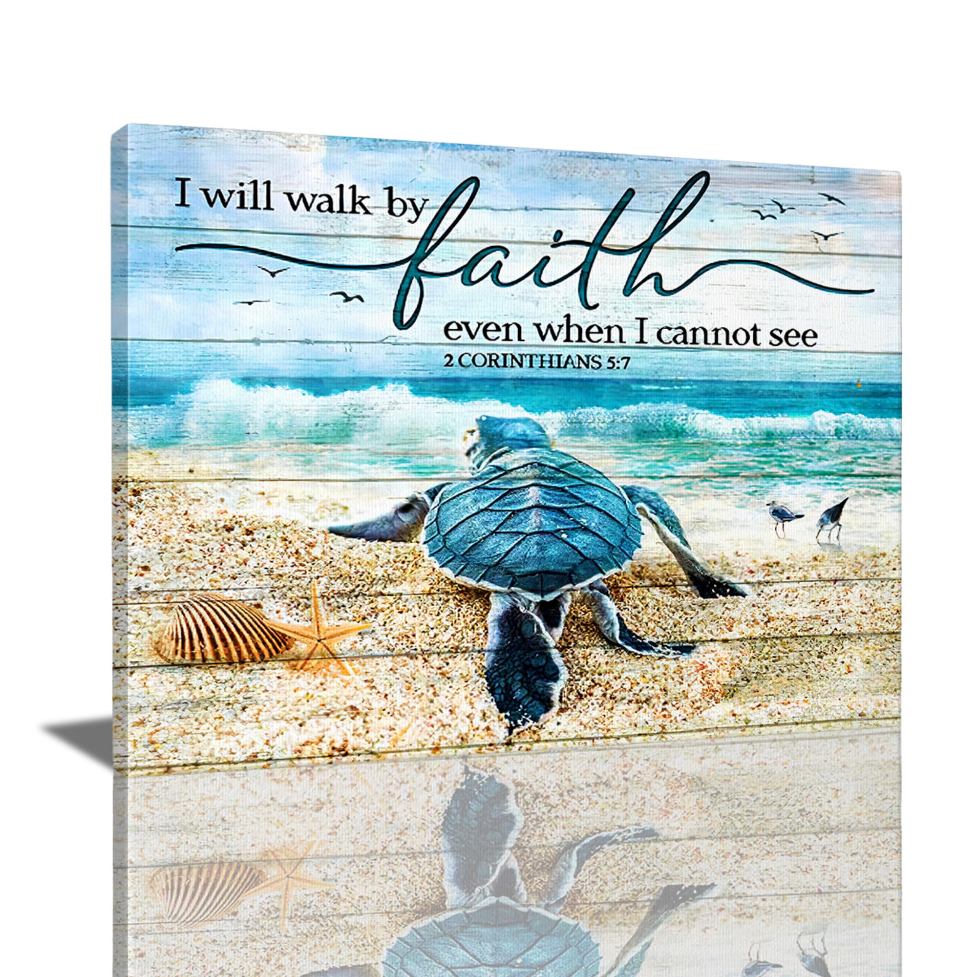 Tijuboni Ocean Sea Turtle Pictures Wall Art, Christian Religious Decor, Beach Coast Nautical Canvas Print Painting, Turtle Gifts, Scripture Bible