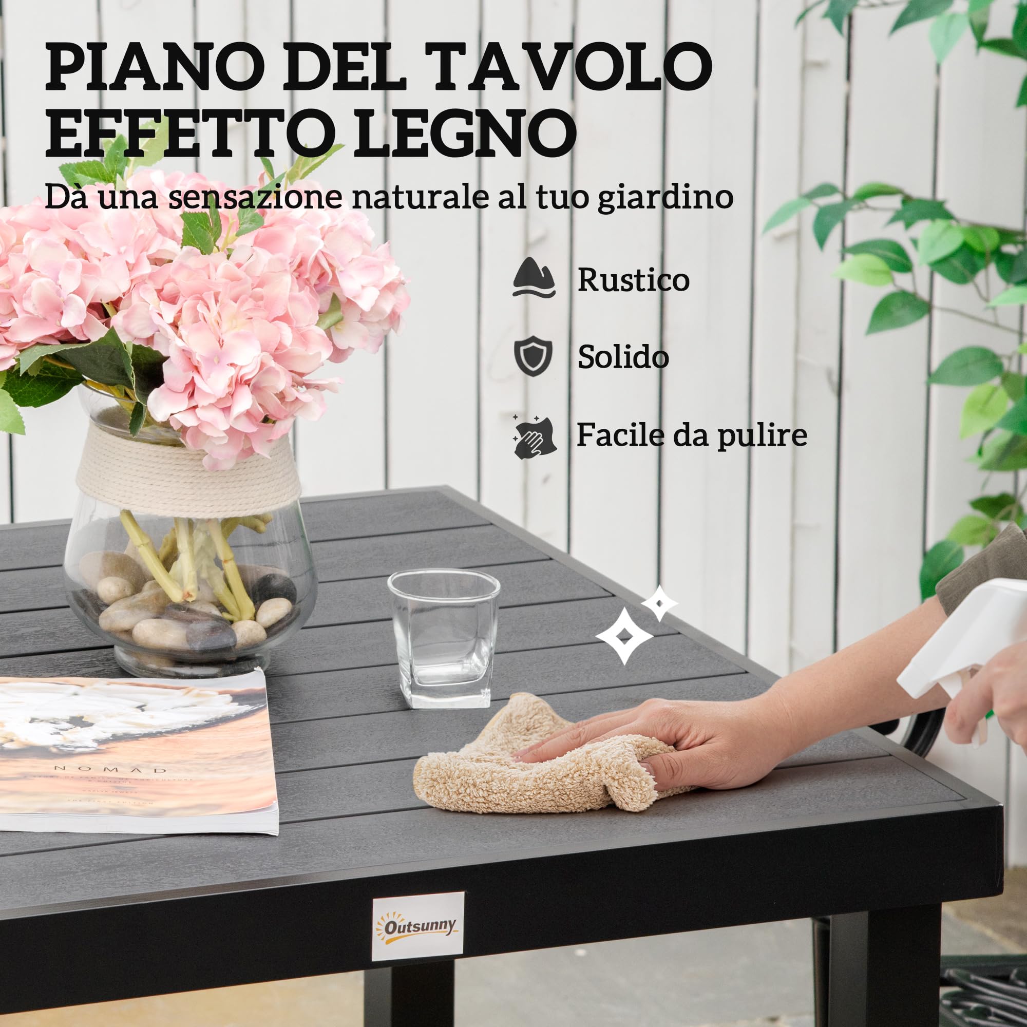 Outsunny Tavolo da Giardino con Piano Effetto Legno da 78x78 cm, Tavola da Pranzo per 4 Persone Quadrato in Alluminio e Plastica, Per Patio, Terrazzo, Balcone ed Esterno, Nero