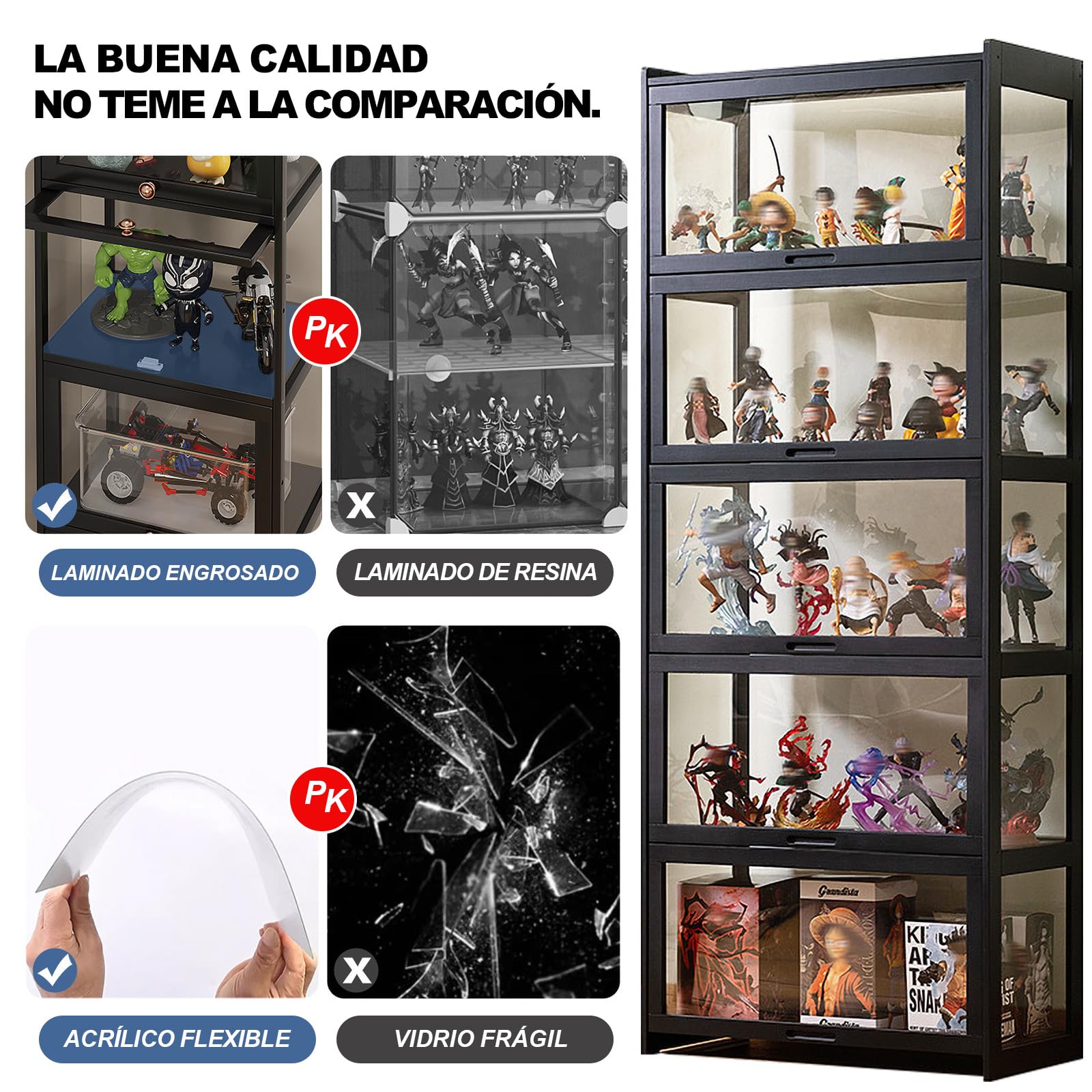 Vitrina, Vitrina Expositora Multifuncional de Vidrio a Prueba de Polvo, Diseño de Puerta de Gabinete con Solapa, Vitrina Cristal para Oficinas, Dormitorios, Salas de Estar