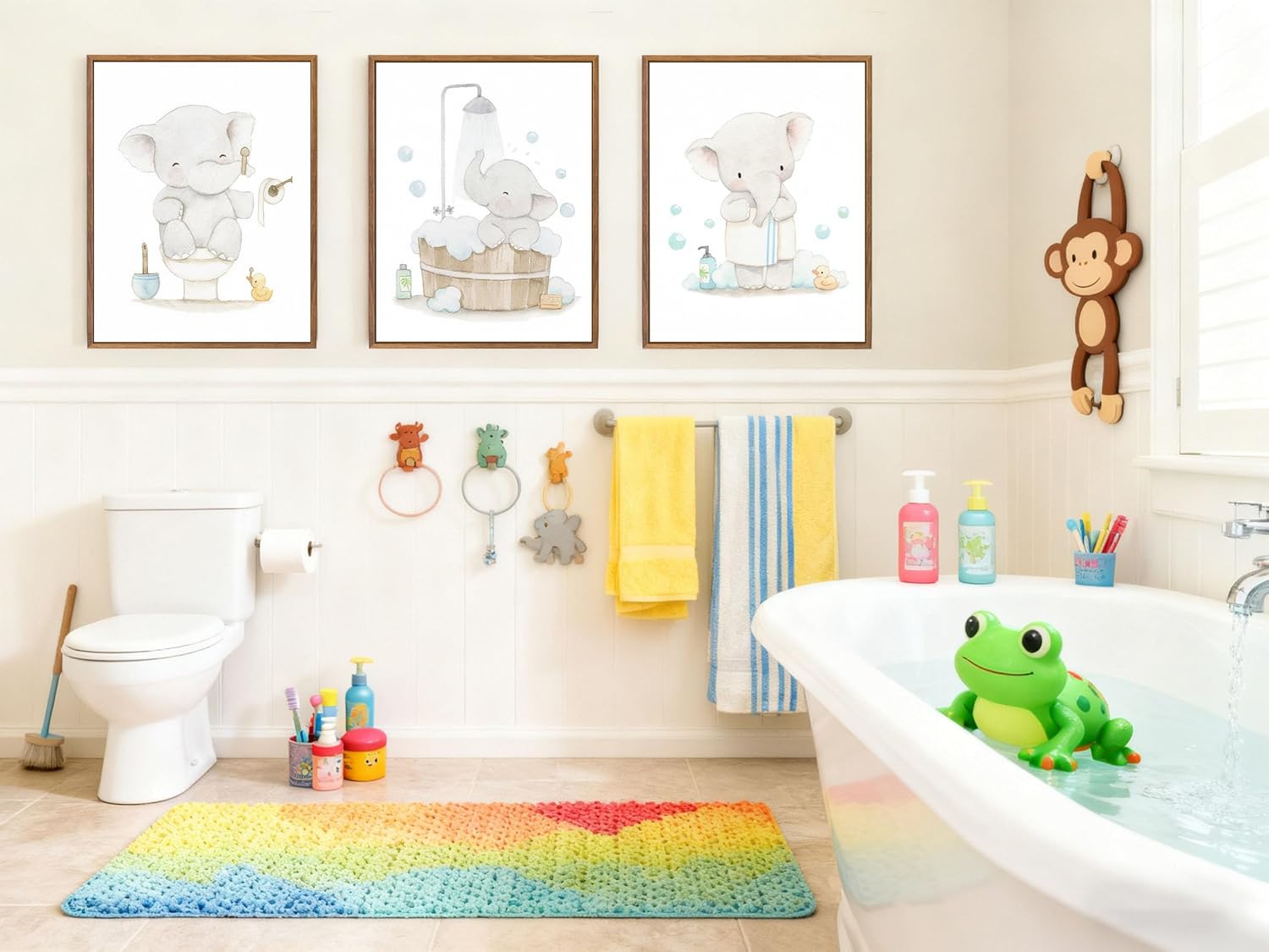 Framed. Set of three prints for bathrooms. An elephant in my bathroom wall art. Canvas Print. Funny kids Bathroom home decor. 12x16 inch.