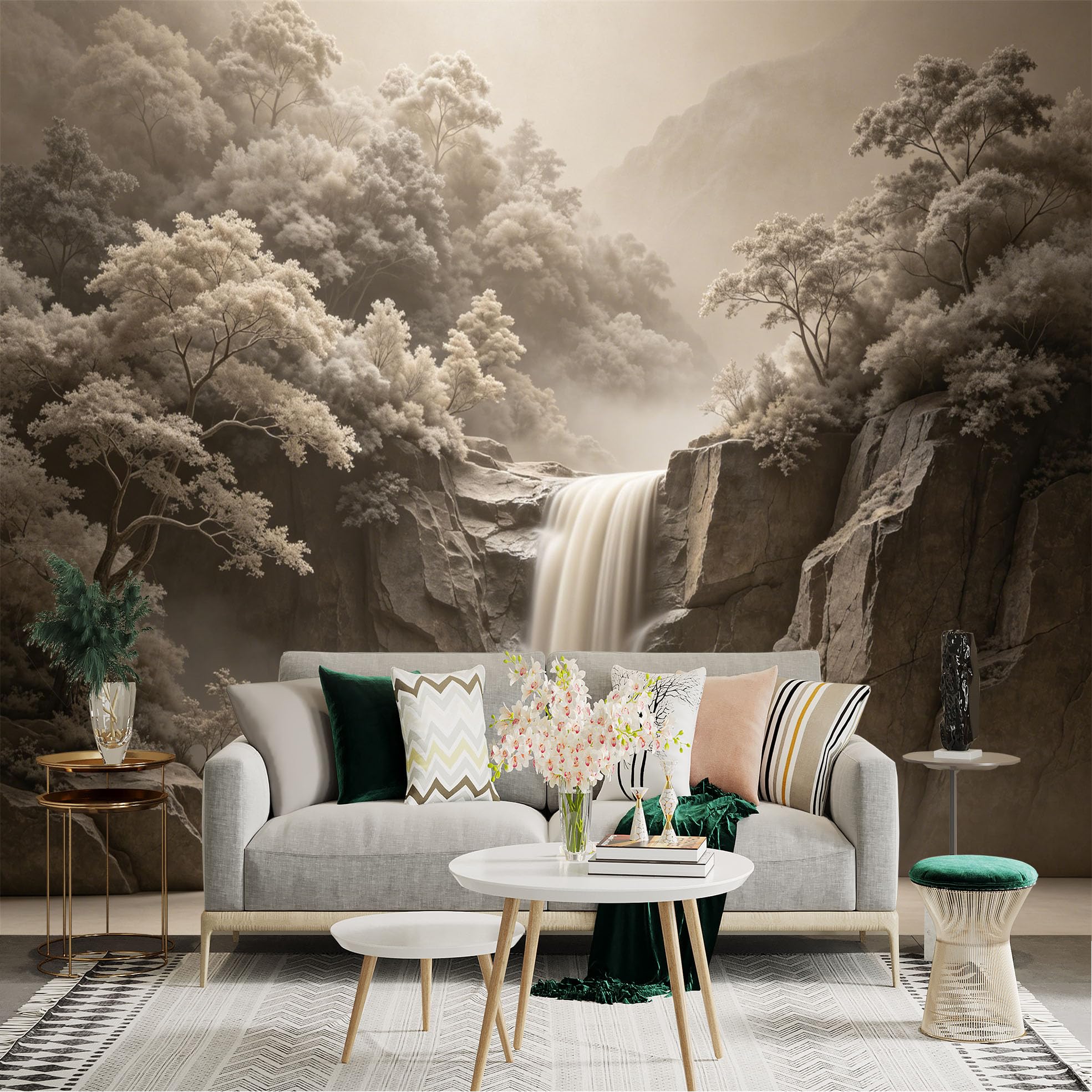 Lnzczhyre Dbh260521600 Custom Size Wall Sticker Mural， Misty Mountain Waterfall Landscape， Sepia Tone Forest Scenery， Elegant Nature Art， For Wall Decoration， Peelandstick Wall Decals.
