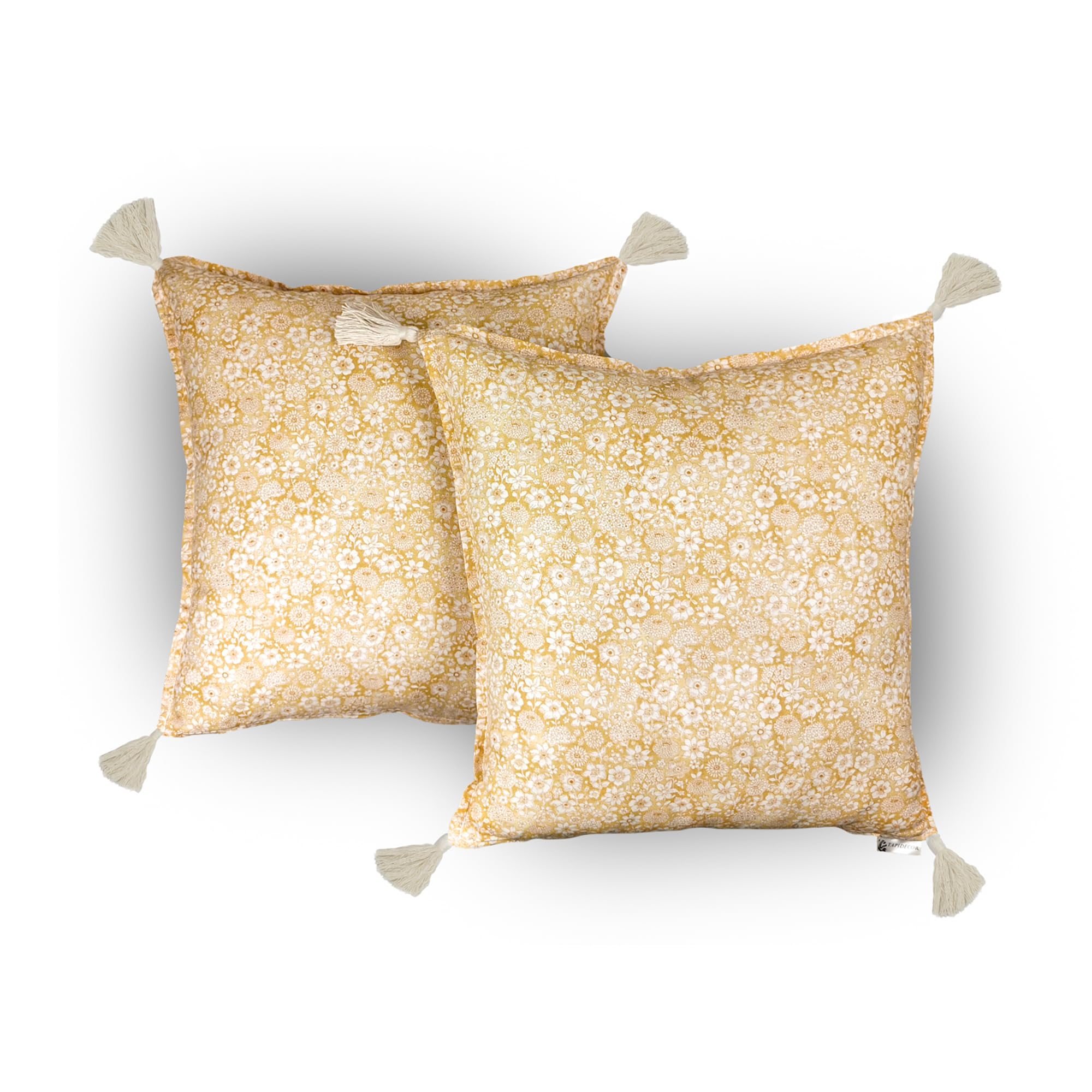 TAPIDECOR | Pack 2 Fundas + 2 Rellenos Cojín | Modelo Liberty Camel | Decoración Hogar | Cojin para Cama, Sofa, Salon | Diseño Moderno y Elegante | Tejido Floral Camel | 4 Borlas Blancas | 45x45cm