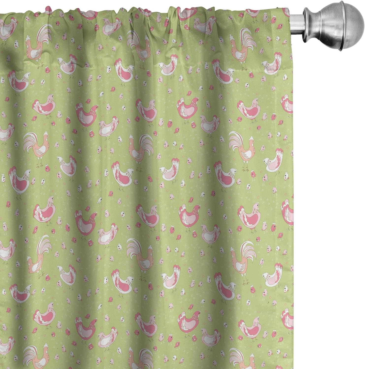Ambesonne Hen and Chicks Curtains, Cartoon Pattern with Chicken and Rooster, Window Treatments 2 Panel Set for Living Room Bedroom, Pair of - 28" x 95", Green Pink