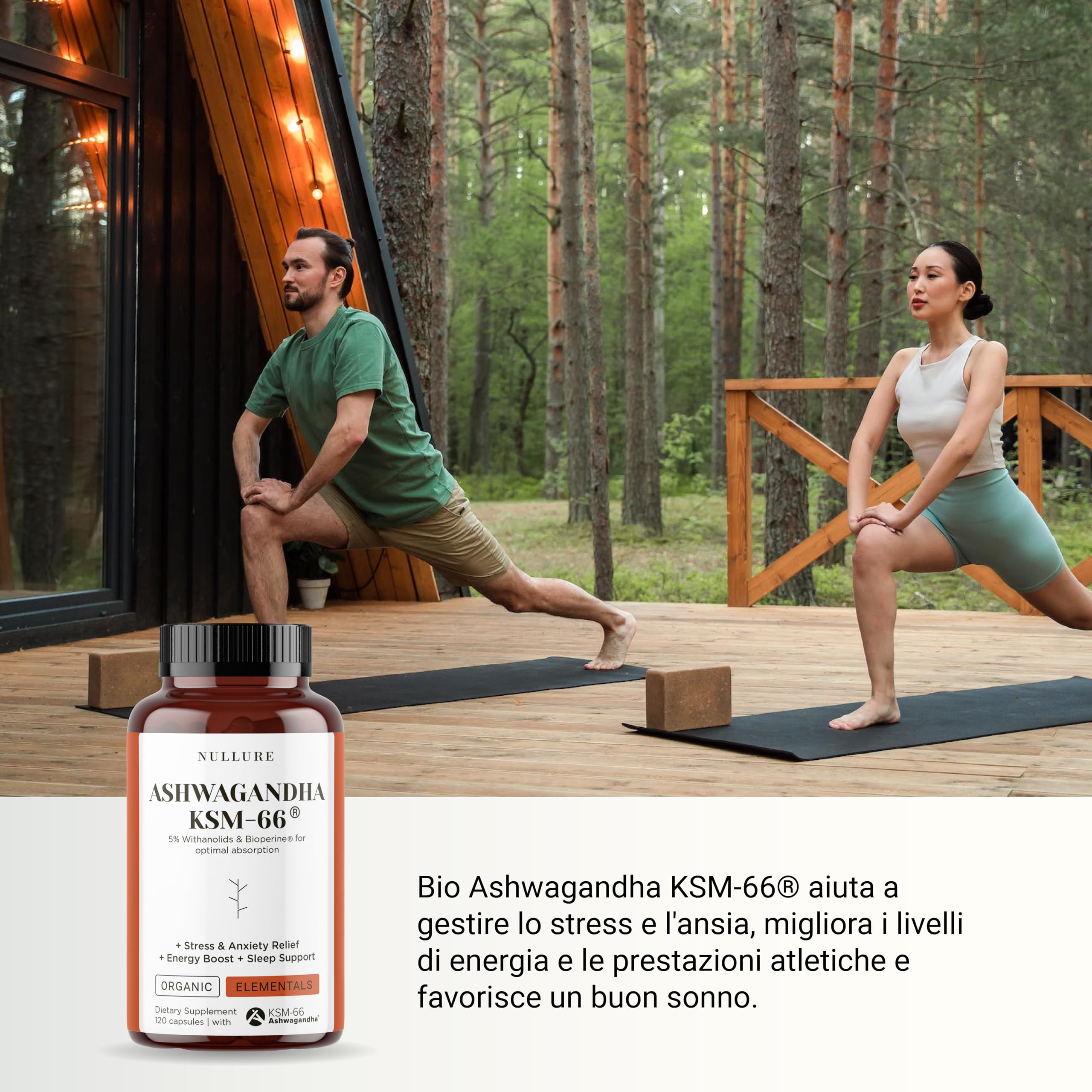 Nullure Bio Ashwagandha KSM-66 - Organica + BioPerine | Testato in Germania | 600 mg | 5% Withanolidi | Vegano | Abassare il Cortisolo · Equilibrio · Vitalità | 120 capsule (2 mesi)