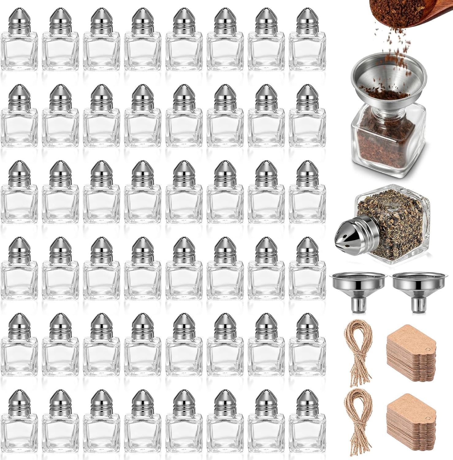 Set of 48 Small Salt and Pepper Shakers, 0.5 oz Mini Glass Seasoning Jars with Funnel, Bulk Cube Spice Shakers with Silver Lids, Jute Twine and Tags for Wedding Party Restaurant Kitchen