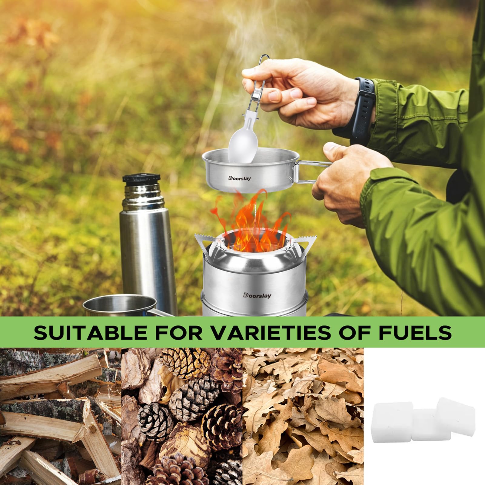 Réchaud de camping en acier inoxydable avec batterie de cuisine, poêle à bois pliable et à alcool double combustible pour 2 à 3 personnes avec casserole et poêle à frire pour randonnée