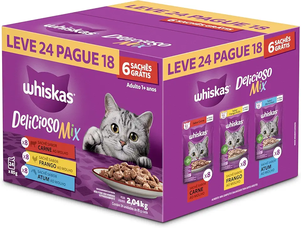 Pack Ração Úmida Whiskas Sachê Carne/Frango/Atum para Gatos Adultos - Leve 24 Pague 18