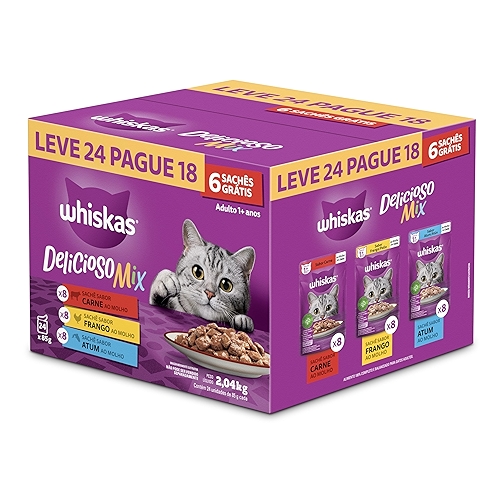 Pack Ração Úmida Whiskas Sachê Carne/Frango/Atum para Gatos Adultos - Leve 24 Pague 18