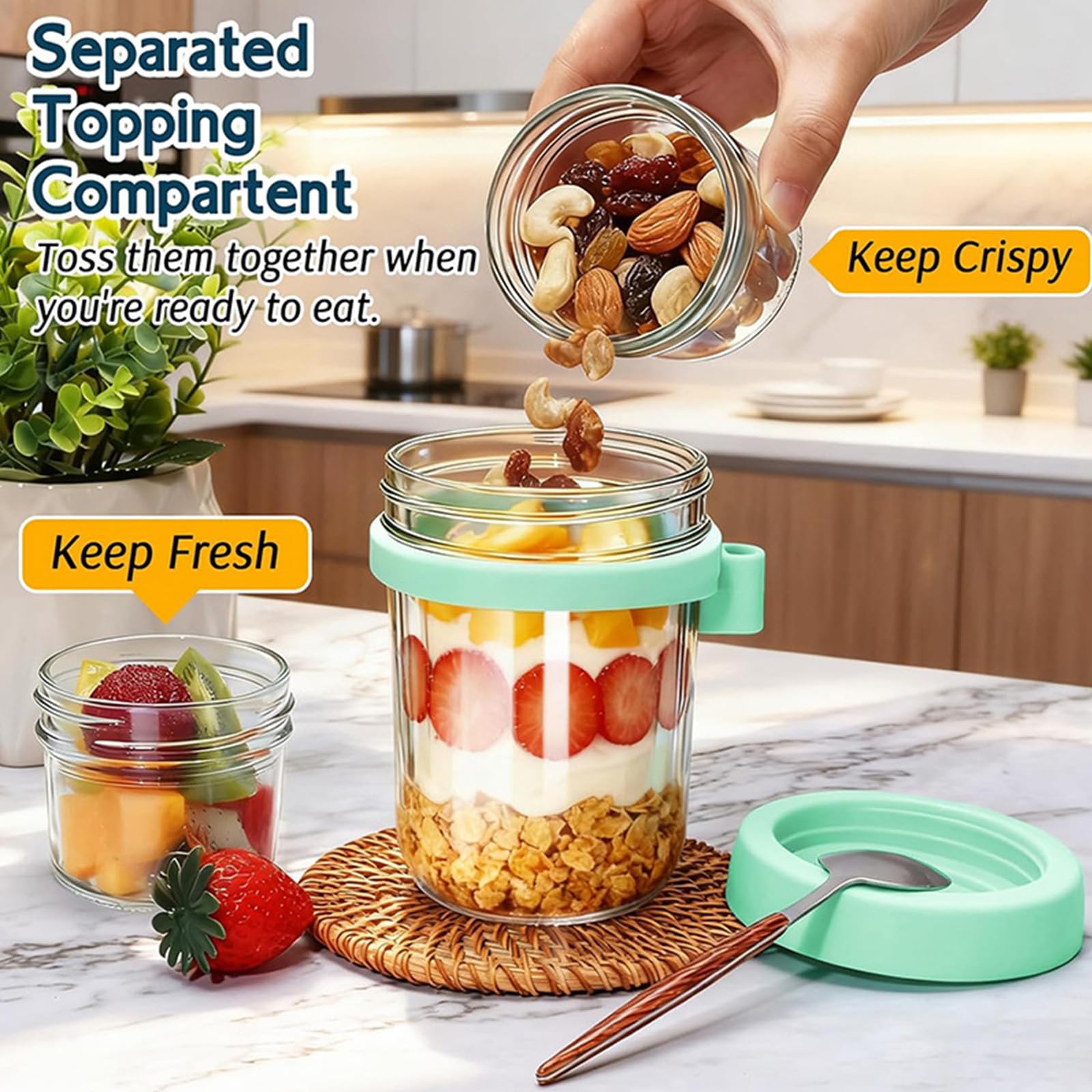 Set di contenitori in vetro con scomparto a strati, cucchiaio e coperchio per bevande calde e fredde, ciotole per la colazione, set di bicchieri in vetro isolati