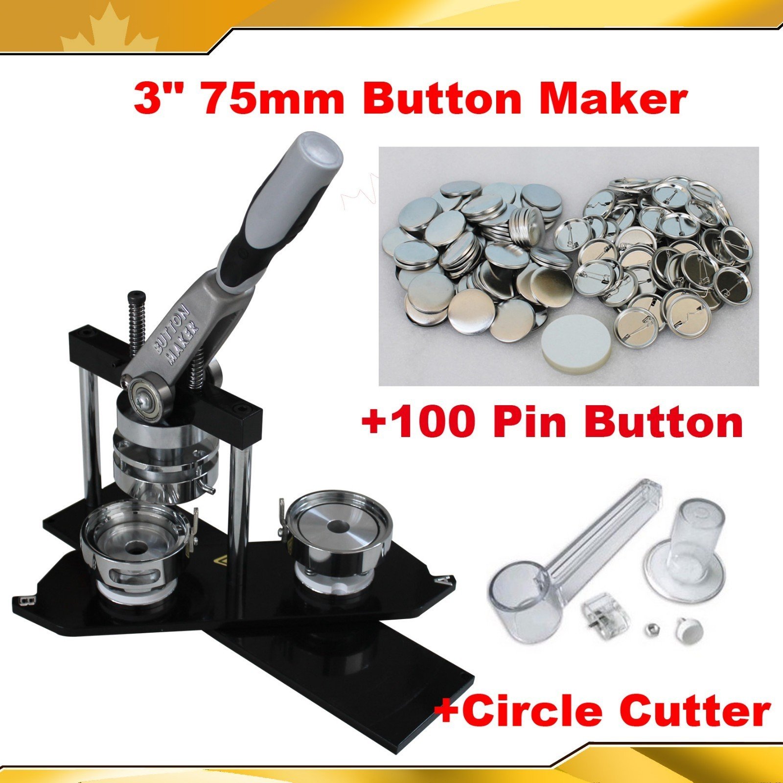 All metal 3" 75mm Badge Button Maker Machine+Circle Cutter+100 Pin Badge