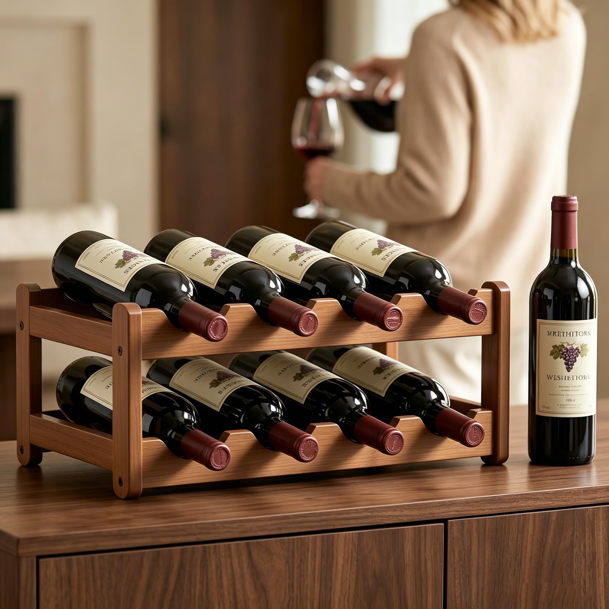 Vurixfo 8 Bottle Wine Rack, 2-Tier Sturdy Wine Storage Holder Bamboo Wines Racks Free Standing Compact Wines Holder Bottle Storage Organize for Cabinet Cupboard Countertop, 43×23.5×16cm