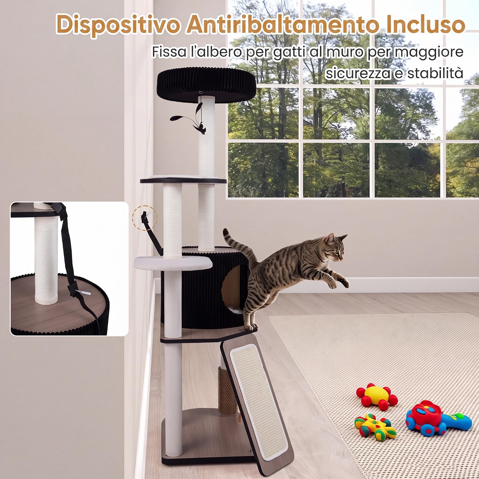 COSTWAY Albero Tiragraffi per Gatti 155 cm, per Gatti Adulti e Piccoli | Tira Graffi in Legno a 5 Livelli con Cuccia, Posatoi, Trespolo, Pali Graffiatoi, Rampa e Spazzola, Fodera Morbida Rimovibile