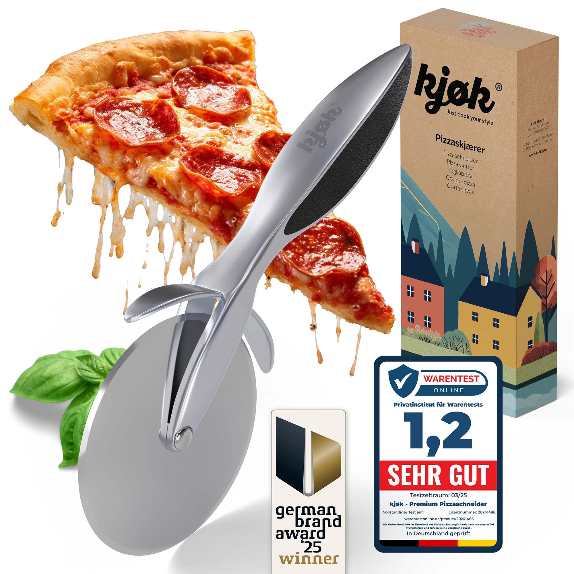 kjøk Premium Pizzaschneider gross Ø Edelstahl Schneiderad Roller 68 mm - Griff aus Zinklegierung - Profi Pizzaroller in Gastronomie Qualität - Pizza Schneideroller Pizzaradschneider Muttertaggeschenk