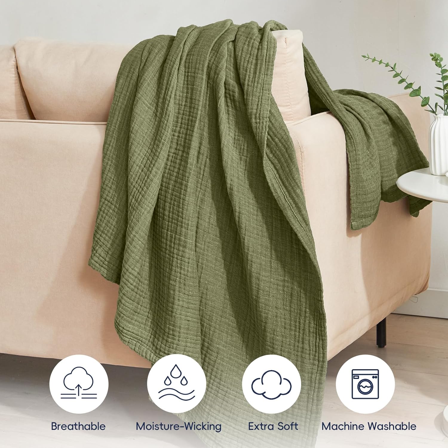 PHF 100% Cotton Muslin Throw XL Blanket Large 50" x 70", 4-Layer Lightweight Gauze Throw, Breathable Cloud-Soft Minimalist Blanket for Bed, Couch, Camping, Olive Green, Ideal Gift