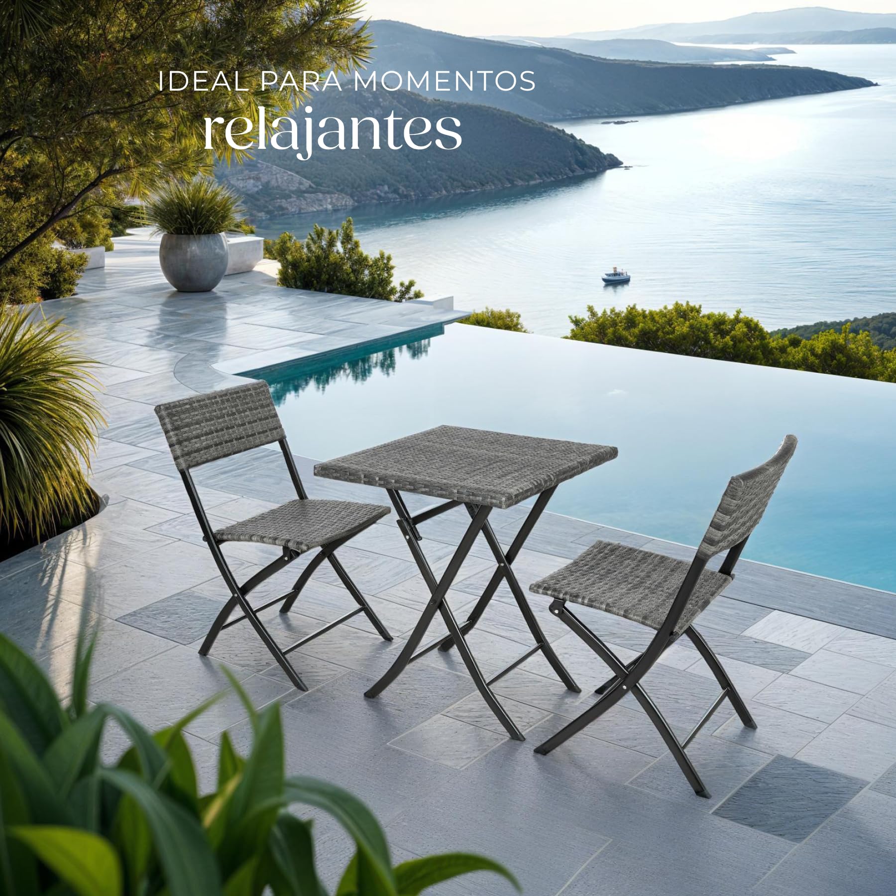 tectake® Conjunto Jardín Exterior de Ratán y Acero para 2 Personas, Muebles Jardín Exterior Resistentes a Intemperie, 2 Sillas y 1 Mesa, con Topes de Plástico, Plegable, Ligero y Compacto - Gris — view 10