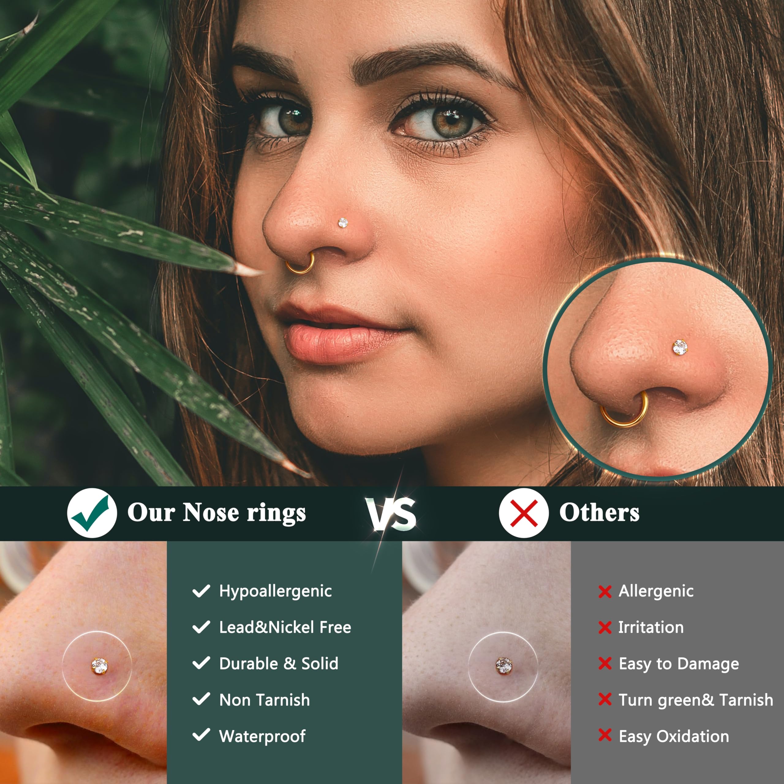 FIOROYAL 20G Piercing Nariz Oro Plata L Forma Espiral Acero Quirurgico 18G Clicker Aro 6/8/10mm Helix Nostril Pendientes