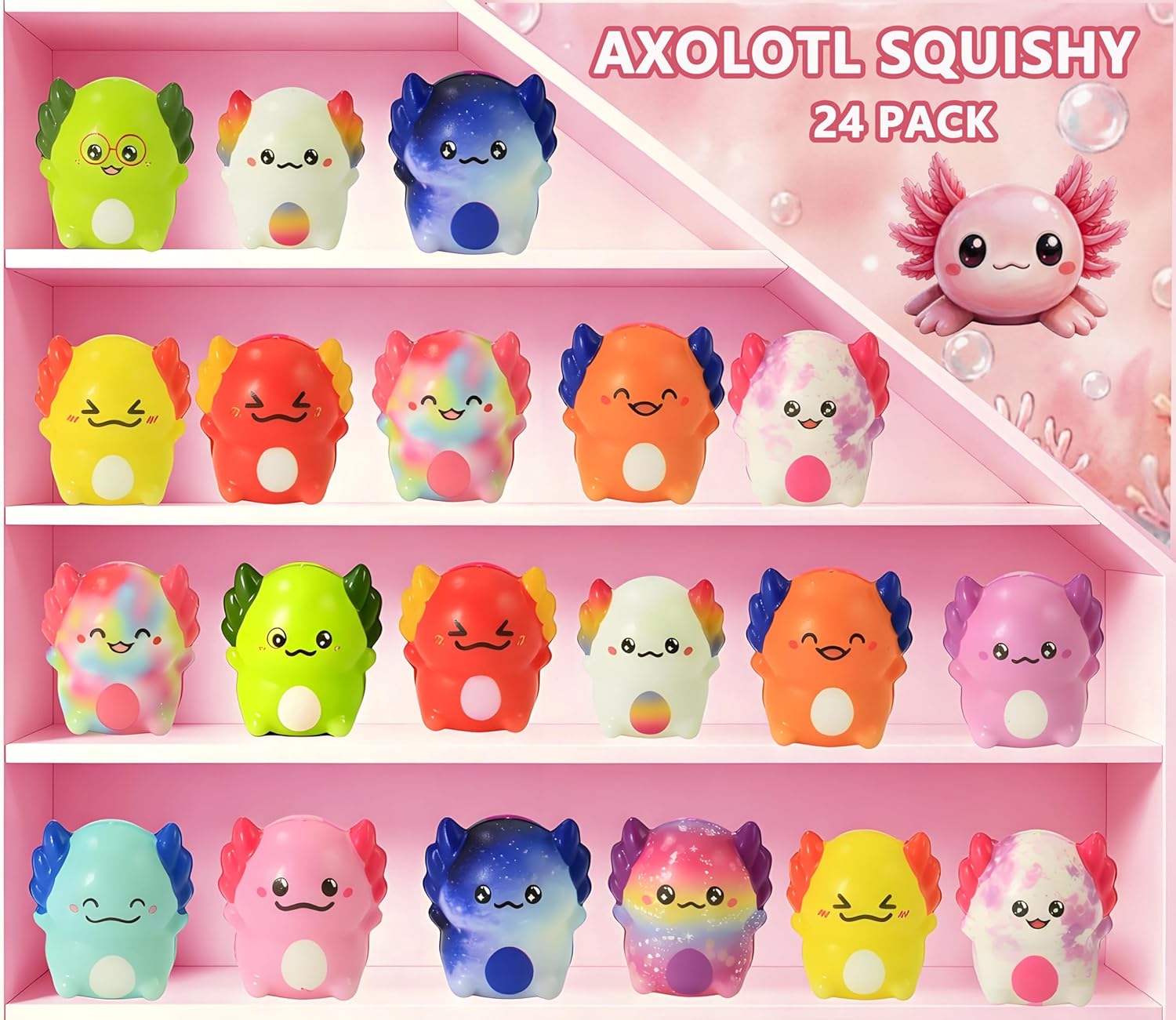 24 Pcs Axolotl Squishy Toys, Slow Rising Squishy Toys, Soft Stress Relief Fidgets Toys for Kids Boys Girls Party Favors Novelty Prizes