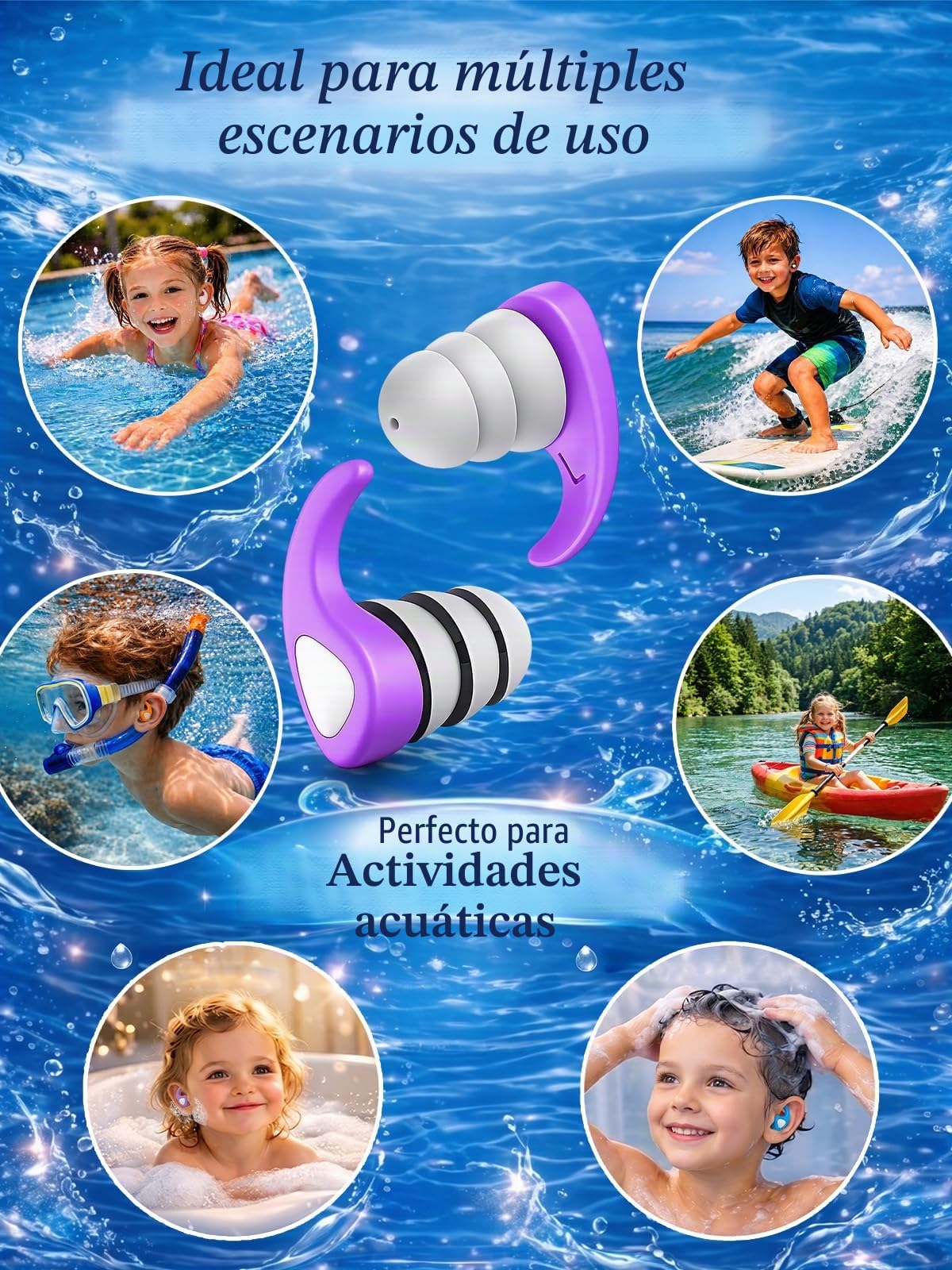 Tapones Oídos Natación para Niños 3 Pares Silicona Reutilizables Protección Ducharse Nadar Bañarse 3-10 Años