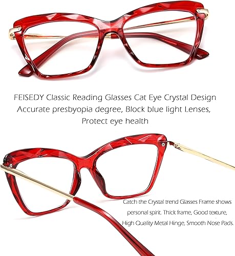 Miniatura 8 de FEISEDY Gafas de lectura de ojo de gato de cristal, con bloqueo de luz azul, antifatiga ocular, B2596, vino, 2.5x