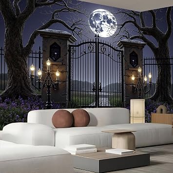 3D Effect Gothic Iron Gate Mural Wallpaper for Living Room Bedroom Decor, Weird Trees Wall Art, Non-Woven Photo Wallpaper Wall Mural for Kitchen Hallway, 150×105cm