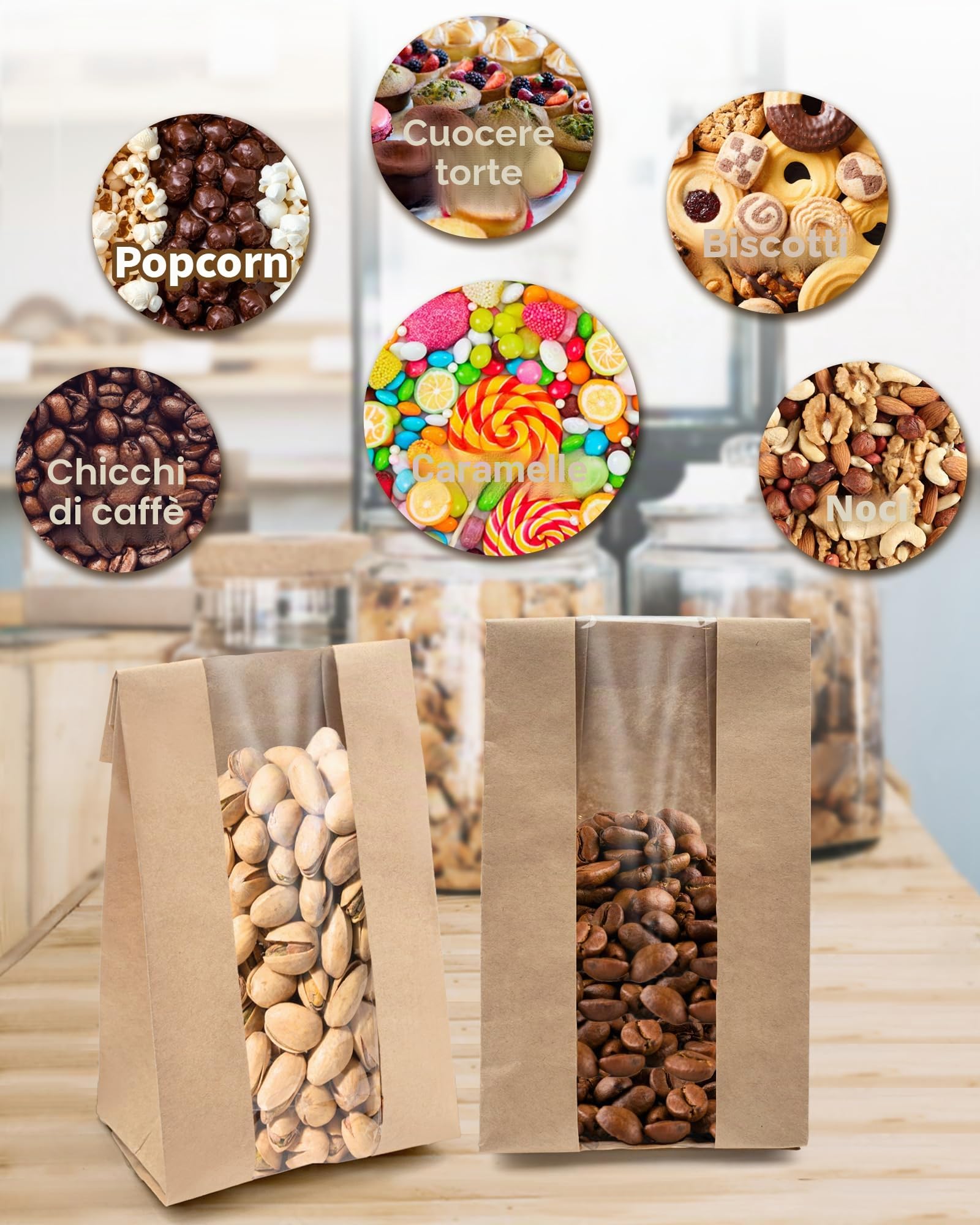 Sacchetti di Carta per Alimenti 50 Pezzi con Sigillo e Finestra, Kraft per Pane Dolci Torte, 8,89 x 5,85 x 19,05 cm