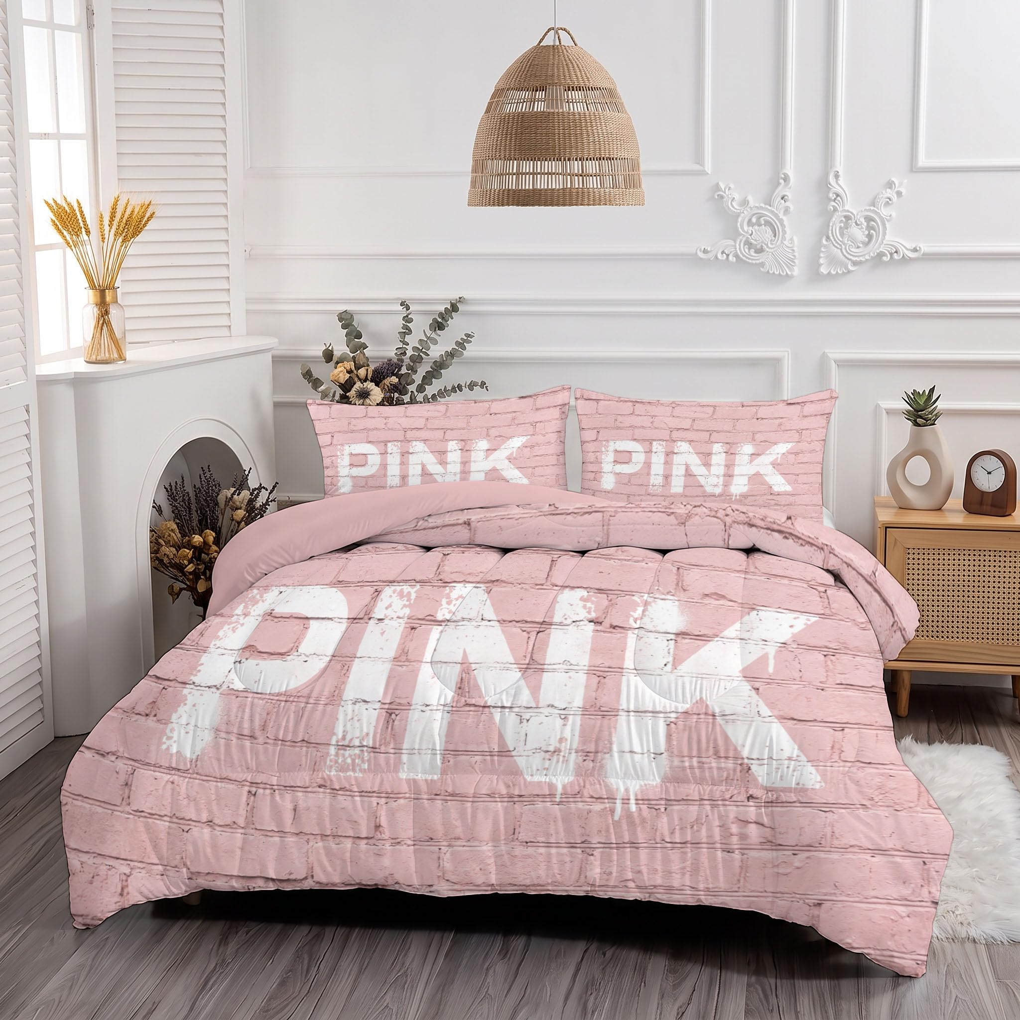 Trapunta Graffiti Di Tendenza Con Lettere, Piumino Singolo 4 Stagioni | 140X200 Cm Con Federa 50X80, Piumone Leggero In Microfibra, Trapunta Reversibile Texture Di Mattoni Stradali, Rosa