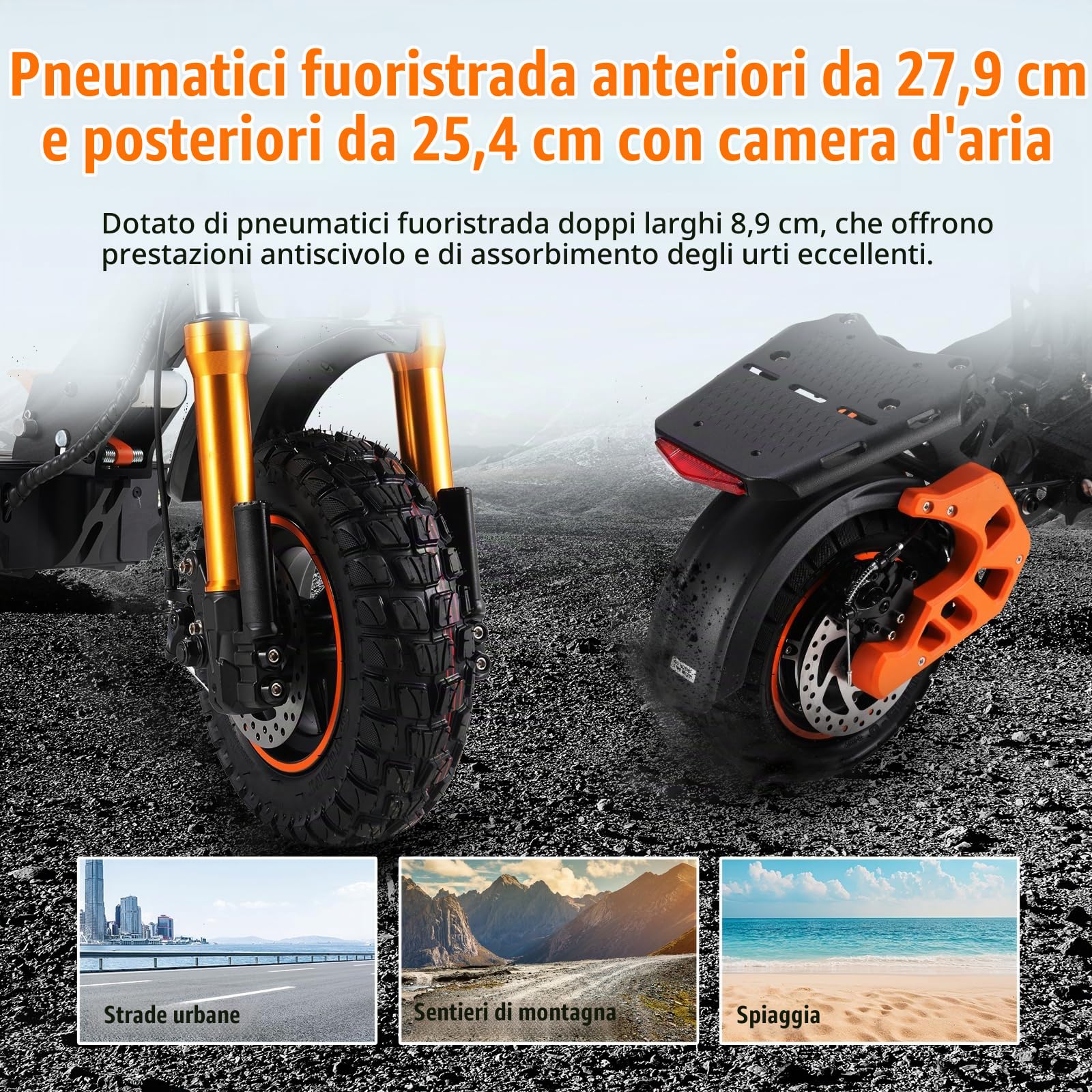TWOFISH V5 MAX Monopattino Elettrico Adulto, All Terrain 11/10 Pollici Pieghevole Batteria 48V 18Ah Autonomia 55km, 3 Modalità di Velocità LCD Display Carico 120 kg, Nero con Dettagli Arancioni
