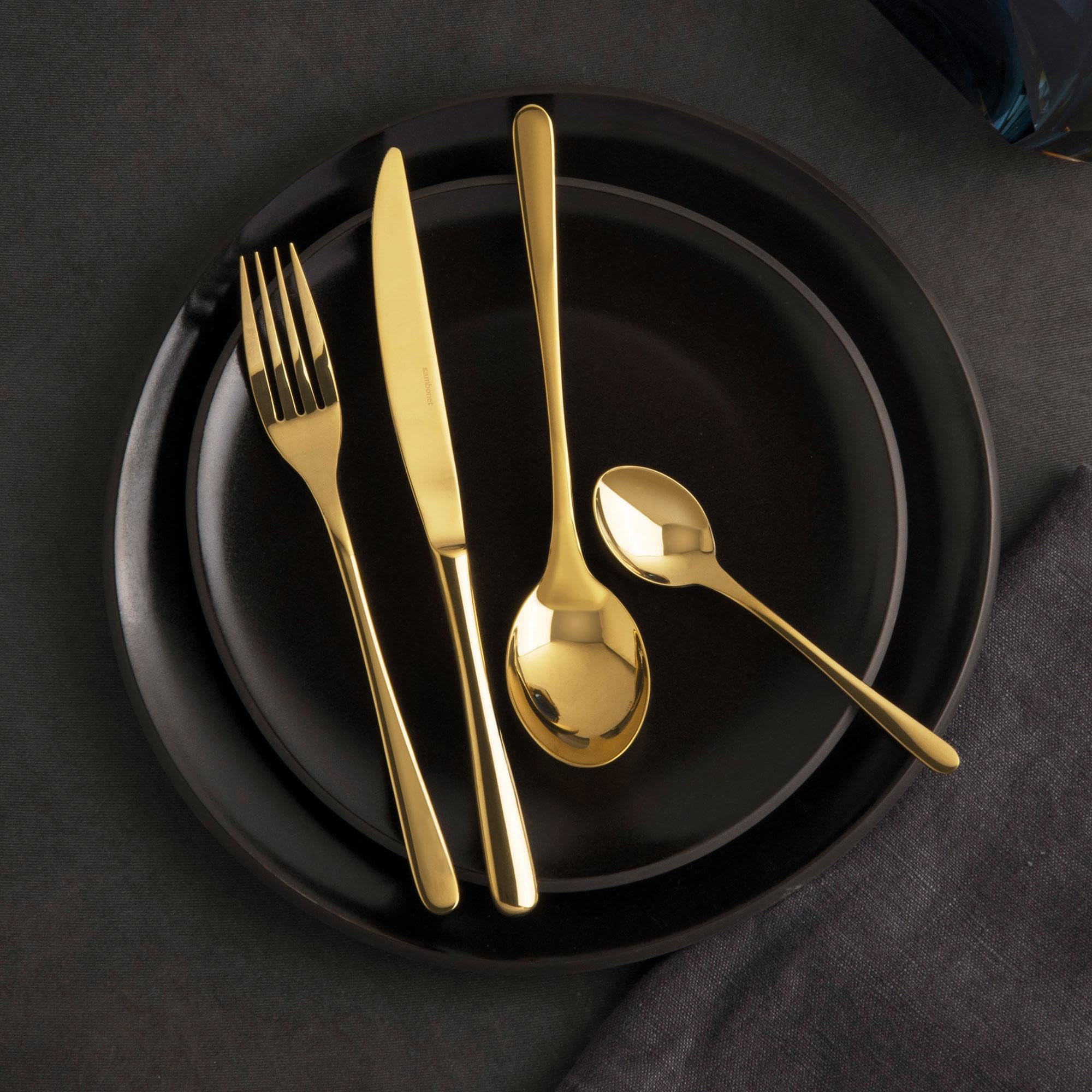 Sambonet - Taste Set di Posate da Tavola per 6 persone, 24 pezzi in Acciaio Inox finitura PVD : 6 forchette, 6 cucchiai, 6 coltelli, 6 cucchiaini da tè, Lavabili in lavastoviglie, Gold