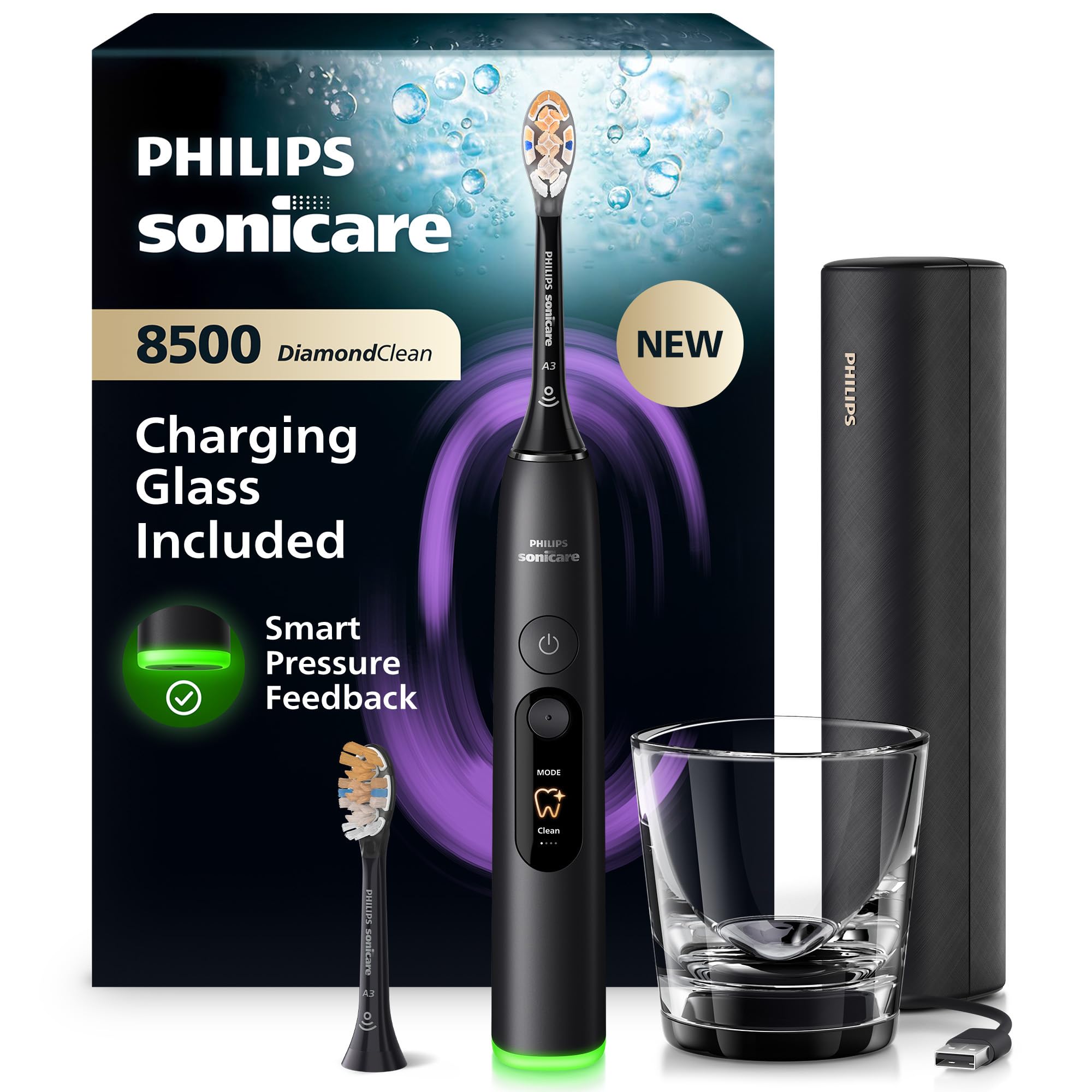 Philips Sonicare Next-Generation DiamondClean 8500 Sonic Electric Toothbrush − with Smart Pressure Feedback, and 18 Settings, Black, HX8514/12