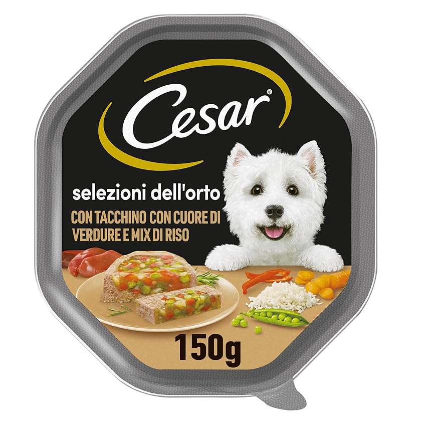 Cesar Cibo per cani Seleczioni dell'Orto con tacchino, con cuore di verdure e mix di riso, 150 g (confezione da 1), 14 ciotole