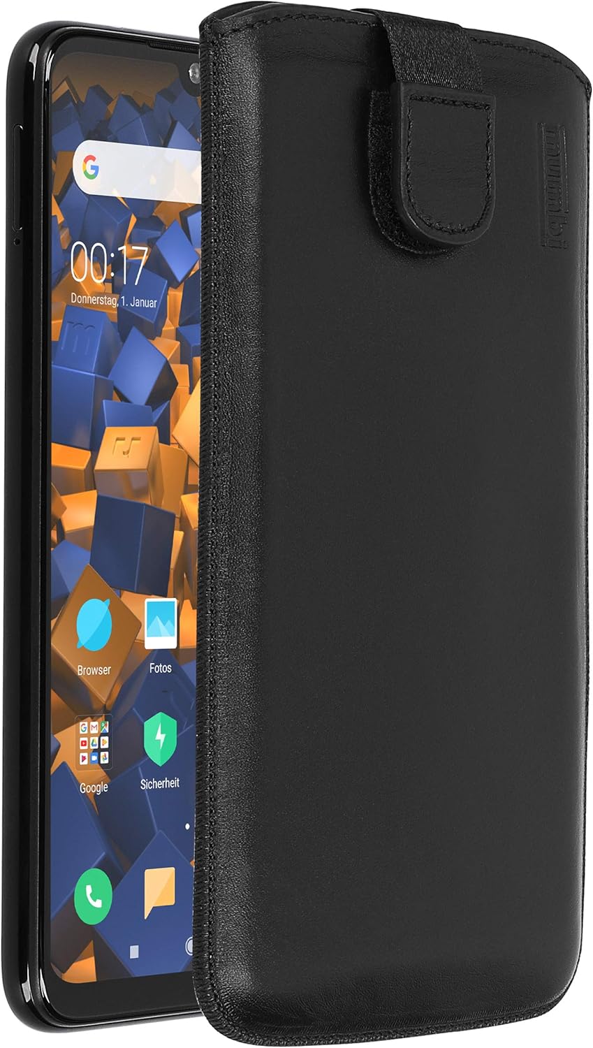 mumbi Genuine Leather Case Compatible with Xiaomi Redmi Note 7 with Flap and Pull-Out Tab Black