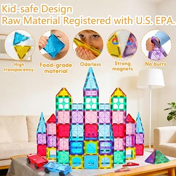 Antibacterial Magnetic Tiles 142PCS with 2 Cars, Built-in Antibacterial Protection, Inhibits Bacterial Growth for Healthier Play, STEM Educational Building Blocks for Kids Aged 3+