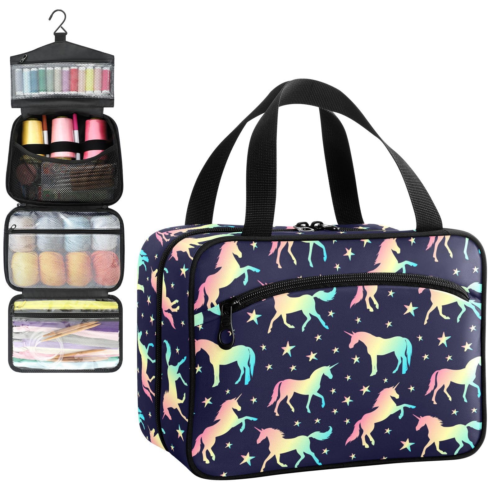 YNNALE Sewing Supply Organizer Bag, Colorful Unicorn Stars Black Portable Sewing Bags with Pockets&Hanger, Sewing Storage Box Case for Sew Supplies/Kit/Tools/Accessories (BAG ONLY)