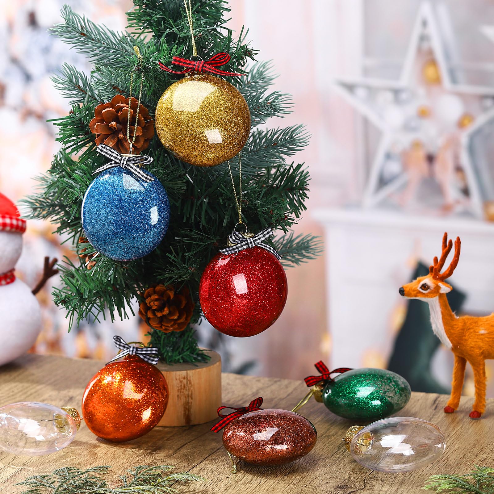 Hiboom Lot de 48 boules de Noël en plastique transparent à remplir avec paillettes de 12 couleurs et ruban de Noël de 20 m pour loisirs créatifs, décoration à suspendre (doré)