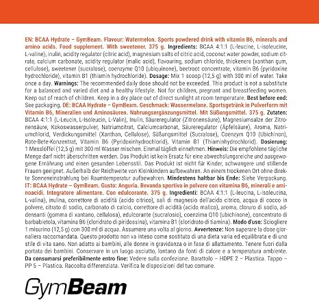 GymBeam BCAA Pulver - Aminosäuren Pulver mit BCAA Hydrate Elektrolyten & Vitamin B6 angereichert mit Kokosnusswasserpulver unterstützt Muskelfunktion & Energiestoffwechsel (375 g Wassermelone)