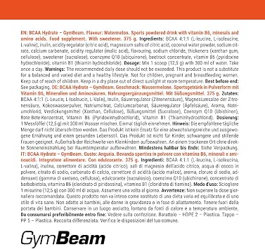 GymBeam BCAA Pulver - Aminosäuren Pulver mit BCAA Hydrate Elektrolyten & Vitamin B6 angereichert mit Kokosnusswasserpulver unterstützt Muskelfunktion & Energiestoffwechsel (375 g Wassermelone)