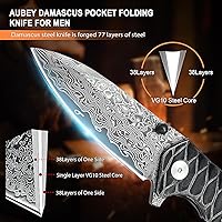 Vista 2 de AUBEY Cuchillo de bolsillo de Damasco para hombre, cuchillo plegable de acero de Damasco VG10 forjado de 2.95 pulgadas con funda, hoja de gota