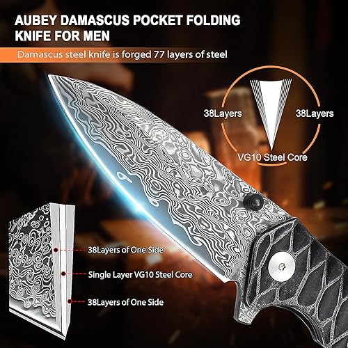 Miniatura 2 de AUBEY Cuchillo de bolsillo de Damasco para hombre, cuchillo plegable de acero de Damasco VG10 forjado de 2.95 pulgadas con funda, hoja de gota de